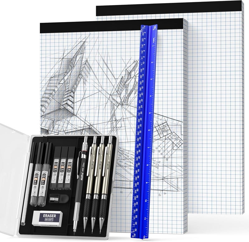 Nicpro 16PCS Drafting Tools with 12‘’ Aluminum Architect Scale Ruler, Mechanical Pencils 0.5, 0.7, 0.9 & 2mm, Lead Refills, 2 Pack Graph Paper Pad, Geometry Drawing Kit for Engineers Students Design - Image 1
